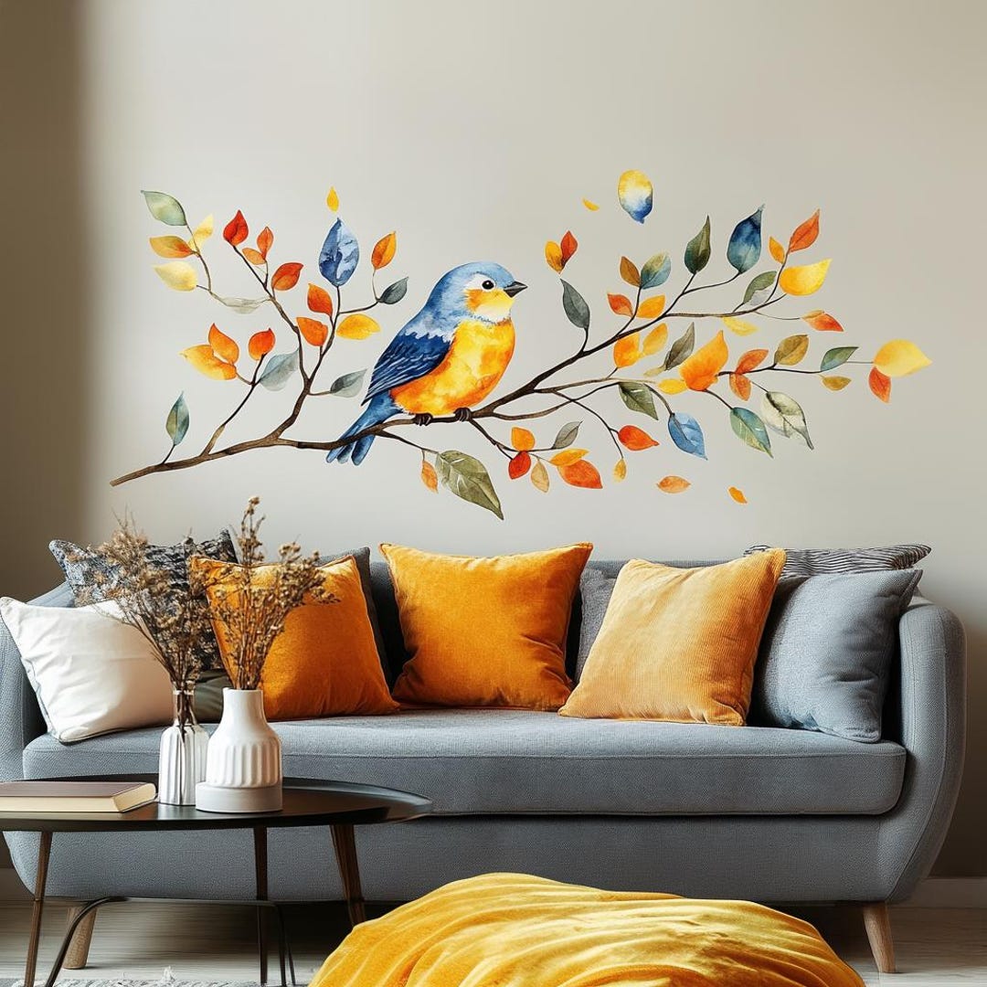 Bird on Branch Wall Decal | Watercolor Vinyl Sticker | Autumn Leaves ...