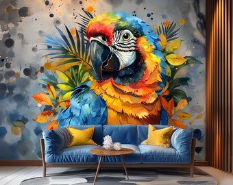 Vibrant Watercolor Macaw Parrot Wall Decal Sticker - Colorful Tropical Bird Art - Jungle Decor for Living Room - Parrot Wall Decals