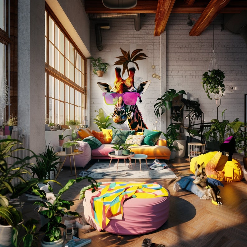 May include: A living room interior with a pink and yellow patterned rug, a pink beanbag chair, and a large giraffe mural with sunglasses on the wall.