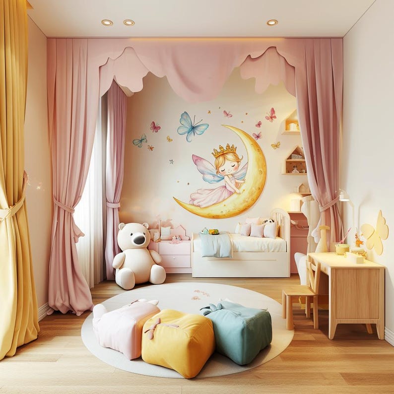 Fairy Princess on the Moon Wall Decal | Pastel Nursery Wall Art ...