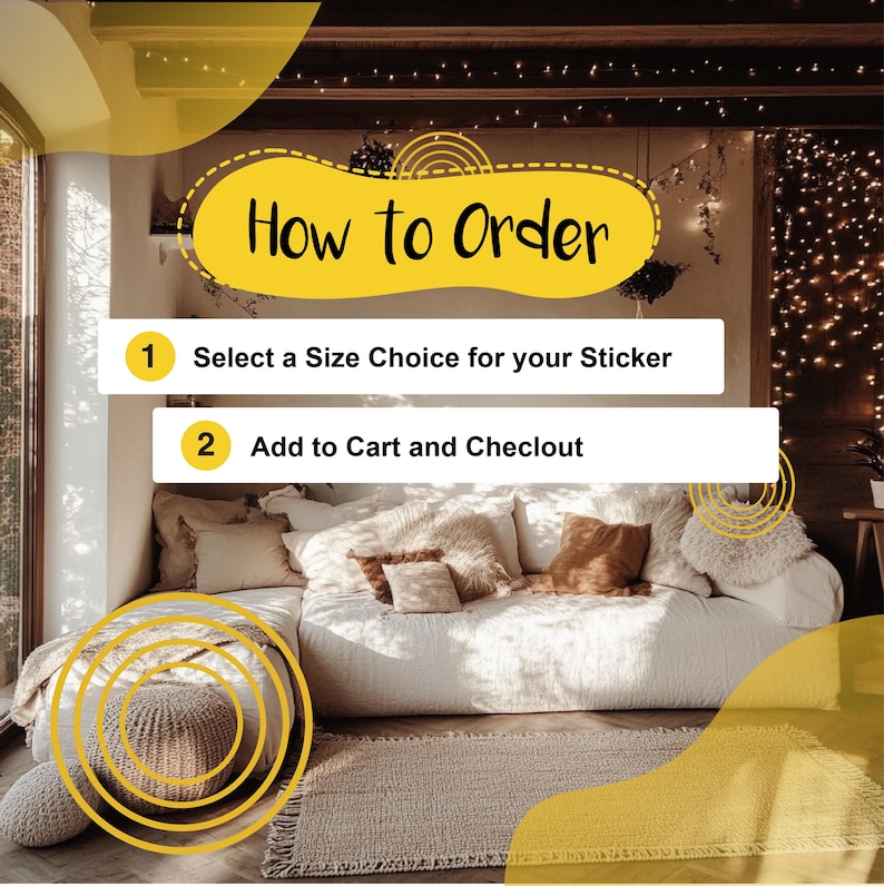 May include: How to Order: Select a Size Choice for your Sticker and Add to Cart and Checlout.  A white couch with pillows in a cozy living room setting.