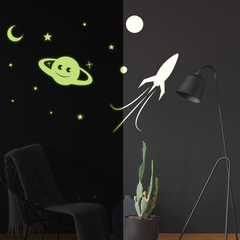 Glowing Planet Rocket Stars Moon Ceiling Sticker Glow In The Dark Wall Decal Crescent Luminescent Mural Kids Room Free Decal Gift