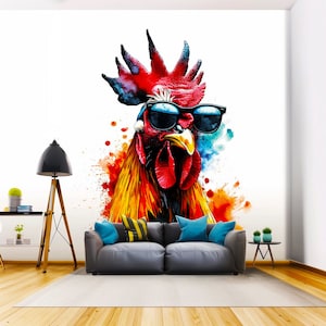 Kleurrijke muursticker pluimvee met zonnebril - moderne sticker kunst kip - levendige boerderij dieren decor voor woonkamer - cool cadeau