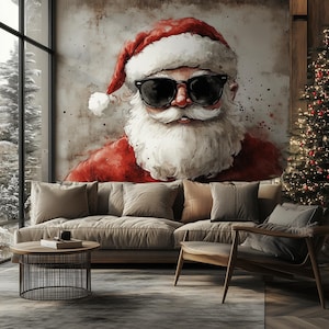 Classic Santa Claus Wall Mural | Rustic Christmas Decal | Cozy Holiday Wall Art | Santa with Gifts Sticker | Festive Woodland Scene