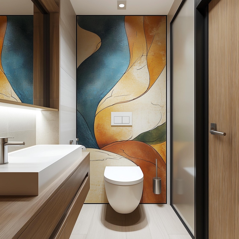 May include: A modern bathroom with a white toilet and a sink with a wooden vanity. The wall behind the toilet features an abstract art print with blue, yellow, and orange colors.