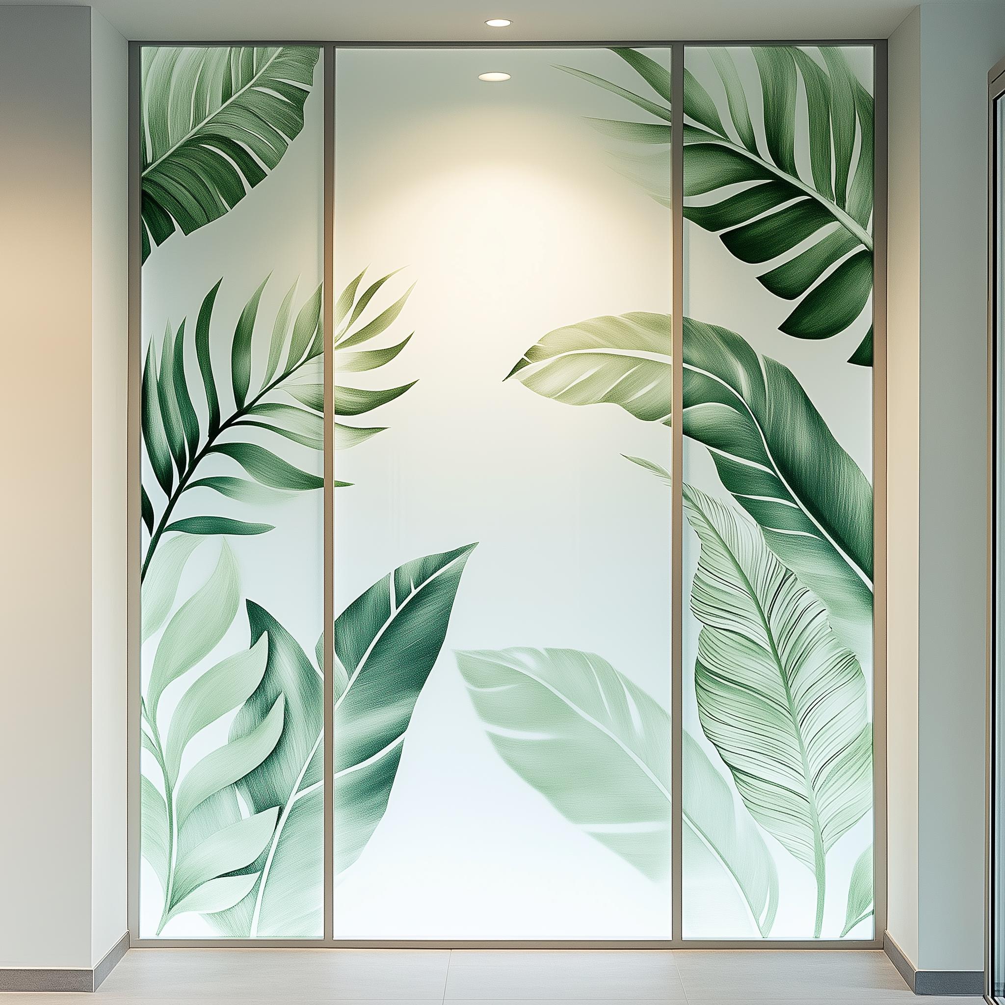 Tropical Leaf Frosted Glass Sticker | Printed Privacy Window Film | Etched Vinyl Decal for Office | Glass Cover | Botanical Window Decor