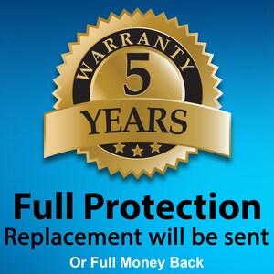 May include: A gold warranty seal with a black background and the text "WARRANTY 5 YEARS" with three black stars below the text. The text "Full Protection Replacement will be sent Or Full Money Back" is below the seal.