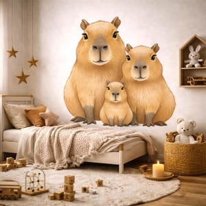 Peut inclure: Décoration murale représentant une famille de capybaras dans une chambre d'enfant. Les capybaras sont de couleur beige et marron. La chambre comprend un lit avec une couverture beige, des décorations en forme d'étoiles et des jouets en bois.