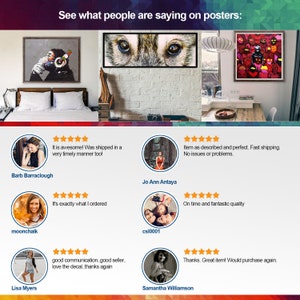 May include: Five customer reviews with five stars each. Each review includes a photo of the customer and a short review about the product. The reviews are for posters.