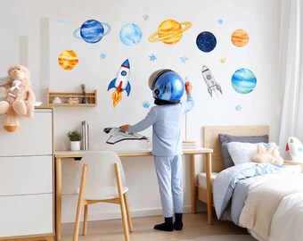 Bright Space Wall Decals for Kids Room | Watercolor Planet & Rocket Stickers | Outer Space Wall Art | Galaxy Decor for Boys Girls