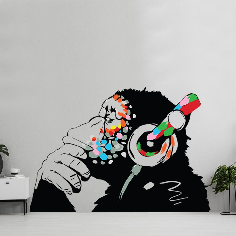 Banksy Thinking Monkey Sticker Art Vinyl Street Dj Baksy Wall Decal Headphones Chimp Music Thinker Graffiti Mural Boy Smart Decals image 6