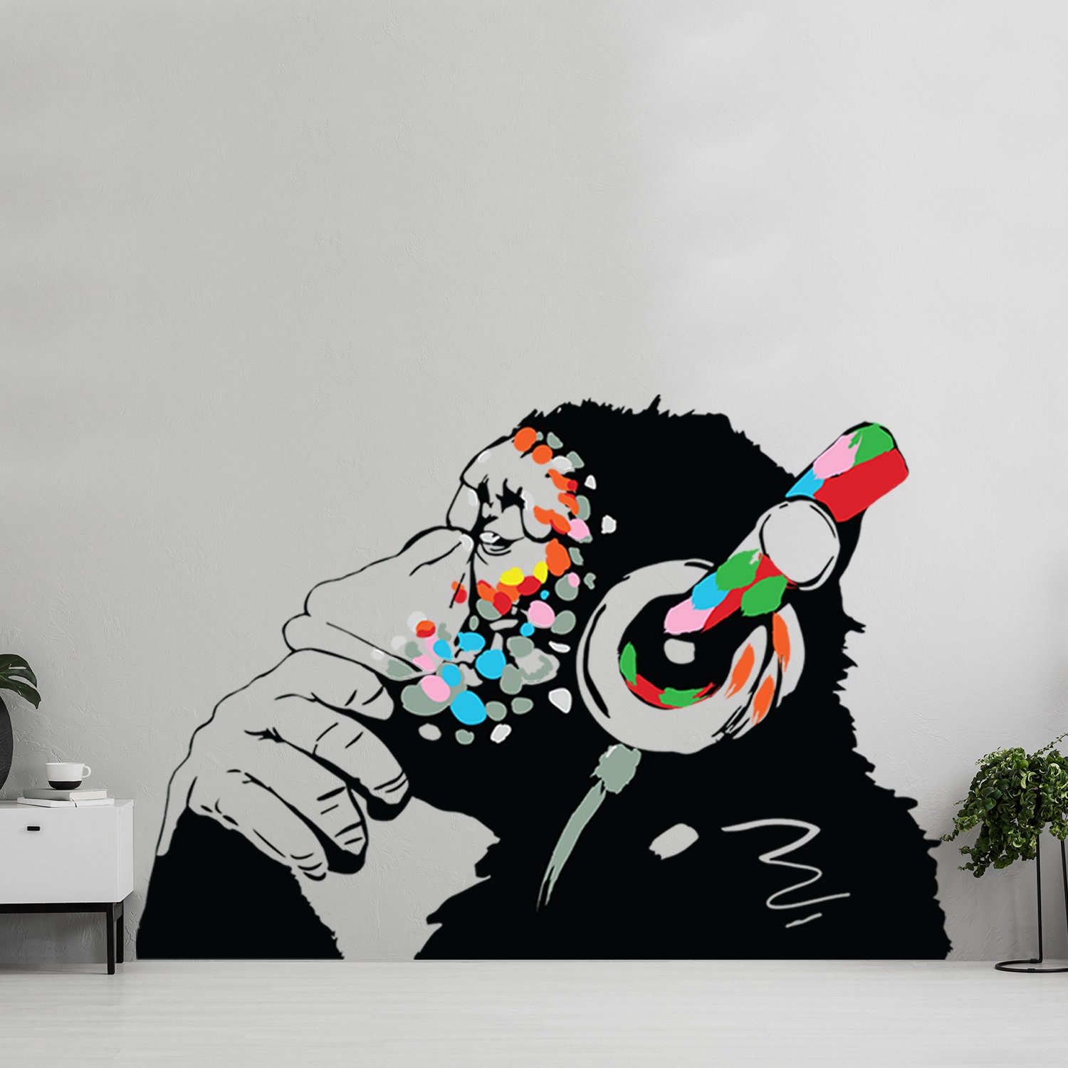 Wall Monkey Decal Decor Sticker Vinyl Thinking Ape Gorilla DJ Mural Banksy Art 