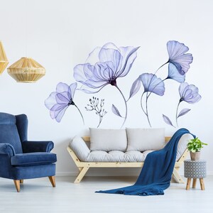 Floral Wall Vinyl Sticker Mural 3d Blue Flowers Stick Peel Living Room