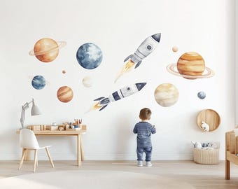 Rocket Space Wall Decals for Kids | Watercolor Planet Wall Stickers | Nursery Outer Space Decor | Removable Celestial Mural for Boys Room