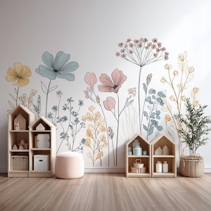 Floral Line Art Wall Decal | Boho Botanical Wall Sticker | Minimalist Flower Mural for Nursery or Kids Room | Large Removable Vinyl Art