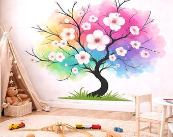 Watercolor Rainbow Tree Decal | Colorful Blossom Wall Art | Rainbow Cherry Tree Mural | Artistic Nature Decor | Zen Living Room Sticker