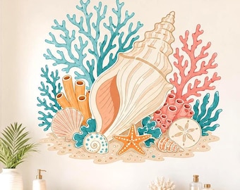 Seashell Coral Wall Decal | Coastal Bathroom Wall Sticker | Starfish Ocean Wall Art | Beach House Decor | Coral Reef Bathroom Decoration Set