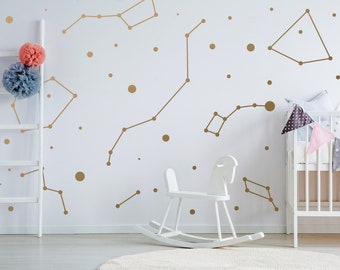 Constellations Vinyl Wall Stickers - Zodiac Star Space Ceiling Art Decals - Gold Circle Dot Stars Astrology Set - Kids Cool Decorative Sign