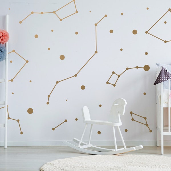 Constellations Vinyl Wall Stickers - Zodiac Star Space Ceiling Art Decals - Gold Circle Dot Stars Astrology Set - Kids Cool Decorative Sign
