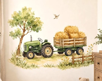 Watercolor Tractor and Hay Bale Wall Decal | Farm Nursery Decor | Rustic Kids Room Vinyl Sticker | Country Playroom Decor | Farm Wall Mural