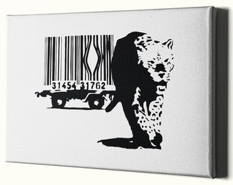 Banksy Leopard Barcode Kunst Leinwand - Wand gerahmt Graffiti Malerei Print - Bansky TigerHaut Grafitti Dekor Geschenk - Banksy Leopard