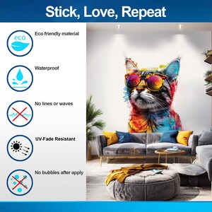 May include: A colorful cat wearing sunglasses is featured on a wall decal. The decal is waterproof, fade resistant, and easy to apply without bubbles. The text "Stick, Love, Repeat" is at the top of the image.