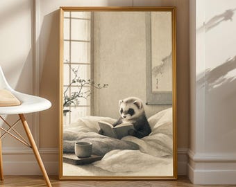 Panda Ferret Reading in Bed Poster | Japanese Zen Sumi-e Ferret Wall Art | Warm Ivory Fog Gray Decor | Minimalist Bedroom Print