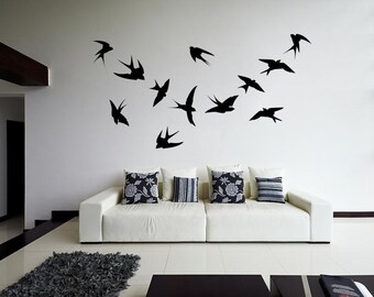 12x Flock Of Birds Wall Sticker - Vinyl Flying Decal Art Decor - Peel And Stick Mural Stickers - Silhouettes Decoration Bird Decals