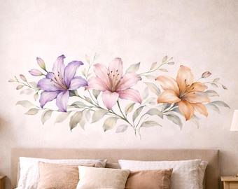 Lily Flower Wall Decal | Watercolor Floral Border | Pink and Purple Lily Art | Horizontal Botanical Mural | Nursery Wall Sticker