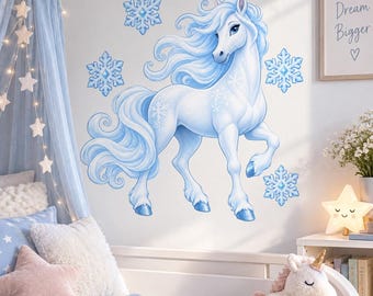 Winter Unicorn Wall Decal with Snowflakes | Icy Blue Vinyl Nursery Decor | Whimsical Kids Bedroom Wall Sticker | Fantasy Room Decoration