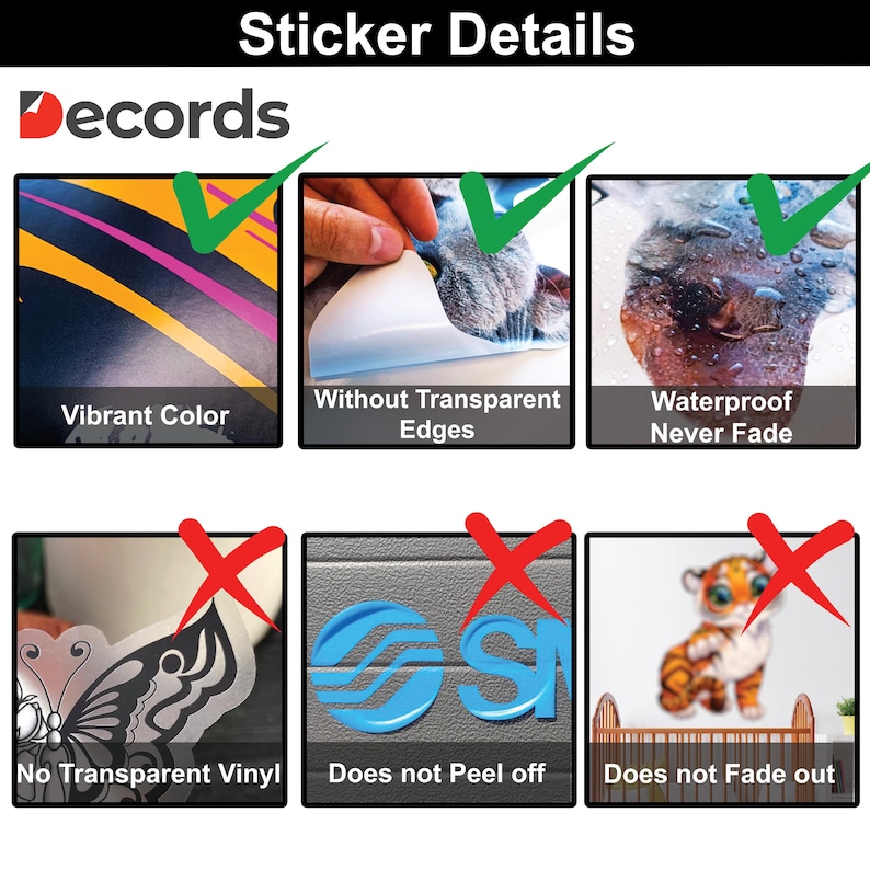 May include: A graphic showing the details of a sticker. The sticker is vibrant in color, waterproof, and does not fade or peel off. The sticker is made of vinyl and does not have a transparent edge.
