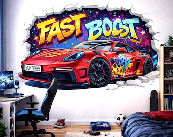3D Race Car Wall Decal | Graffiti Sports Car Mural | Fast Boost Wall Sticker | Boys Room Decor | Kids Playroom Art | Red Car Through Wall