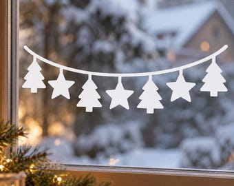 Christmas Tree and Star Garland Window Decal | White Vinyl Holiday Sticker | Minimalist Winter Home Decor | Scandinavian Christmas Decor