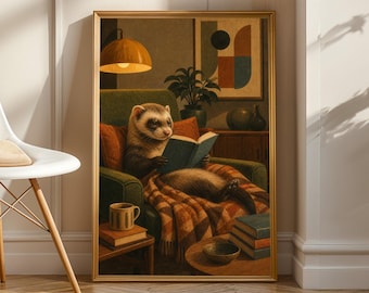 Ferret Reading in Armchair Poster | Retro Modern Ferret Wall Art | Yellow Burnt Orange Brown Decor | Cozy Mid Century Living Room Print
