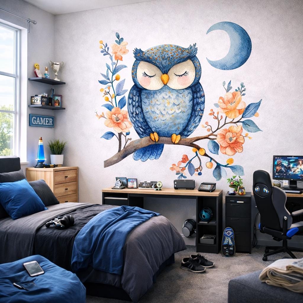 Sleeping Owl Wall Decal | Watercolor Nursery Art | Blue Owl Moon ...
