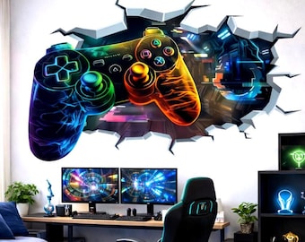 Muursticker 3D-gamer | Neon gamecontroller-muurschildering | Muursticker joystick joystick | Decoratie gamingkamer voor tieners | Videogamekunstafdruk
