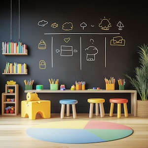 May include: A yellow toy chair with a black chalkboard behind it. The chalkboard has drawings of clouds, a sun, and a tree. There are also colorful pencils and crayons on a wooden table in front of the chalkboard.