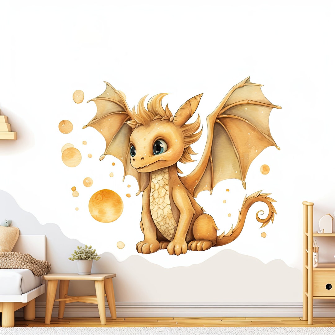 Enchanted Gold Dragon Wall Decal - Whimsical Baby Dragon Sticker Mural ...