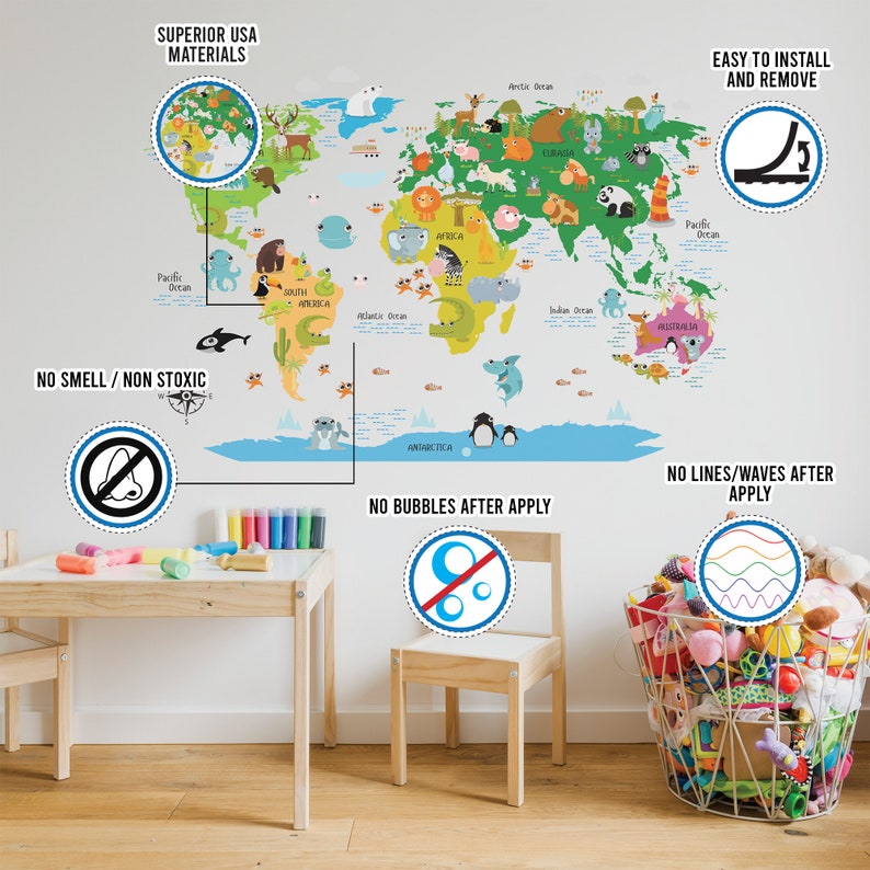 Kids World Map Wall Decal - Country Animal Room Decor Vinyl Sticker for ...