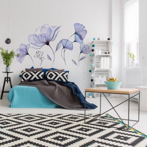 Floral Wall Vinyl Sticker Mural 3d Blue Flowers Stick Peel Living Room