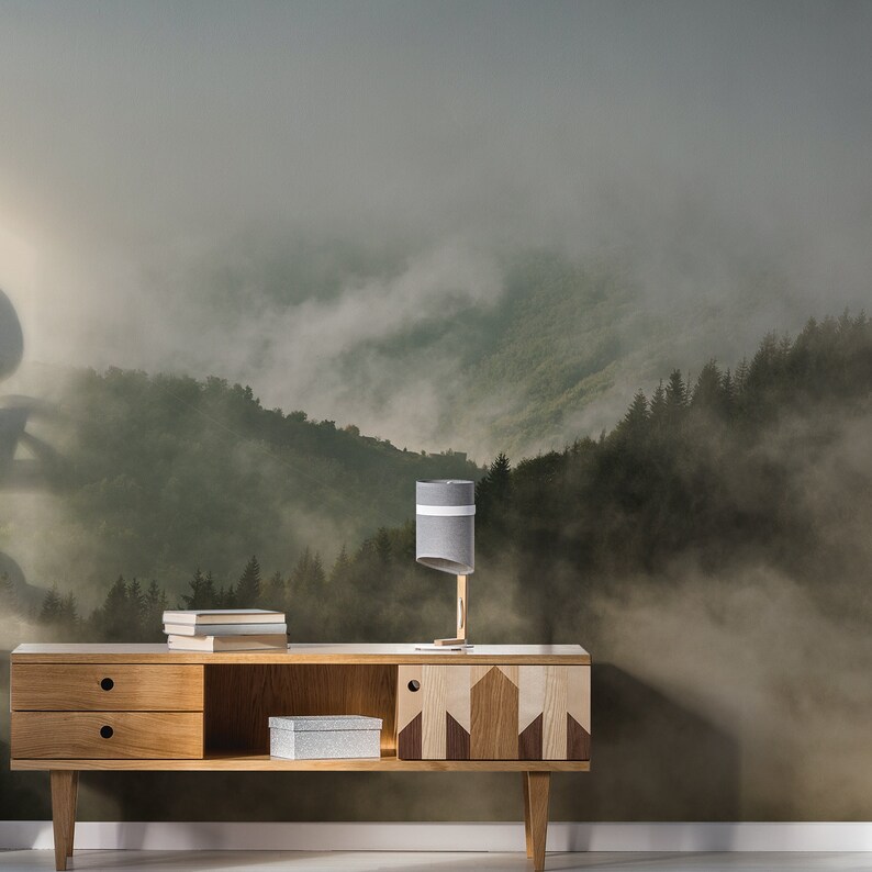 Foggy Forest Wallpaper Sticker Mural - Mountain Tree Fog Removable Wall ...