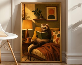 Chocolate Ferret Reading in Armchair Poster | Retro Painterly Ferret Wall Art | Yellow Orange Decor | Cozy Mid Century Living Room Print