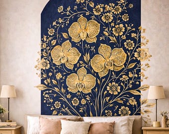 Gold Orchid Wall Decal | Navy Blue Floral Mural | Luxury Botanical Sticker | Elegant Arched Wall Art | Modern Glam Home Decor