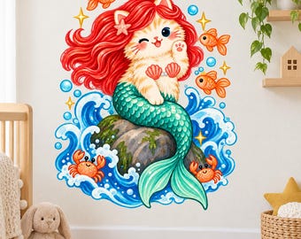 Mermaid Cat Wall Decal | Cute Kitty Mermaid Wall Sticker | Ocean Nursery Decor | Girls Kids Room Wall Art | Sea Creature Bedroom Decorations