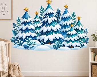 Christmas Tree Wall Decal | Snowy Winter Forest Vinyl Wall Sticker | Blue Holiday Living Room Decor | Christmas Wall Decoration | Pine Trees