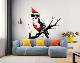 Downy Woodpecker Bird in Glasses Wall Sticker Decals - Perfect Room Decor for Nature Lovers - Unique Bird Art for Home, or Nursery Walls