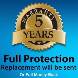 May include: A gold seal with the text "WARRANTY 5 YEARS" and three stars. The text "Full Protection Replacement will be sent Or Full Money Back" is below the seal.