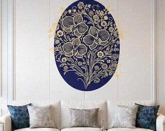 Gold Filigree Orchid Decal | Navy Blue Floral Mural | Ornate Botanical Wall Art | Luxury Gold Flower Sticker | Traditional Navy Home Decor