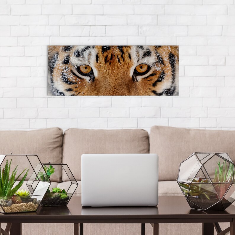 May include: Close-up of a tiger's face with bright orange and black stripes. The tiger's eyes are bright yellow and focused on the viewer. The tiger's fur is covered in snow.