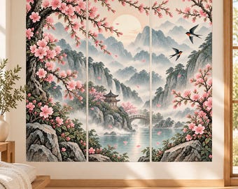 Cherry Blossom Mountain Landscape Wall Decal | Misty Pagoda and Bridge Scene | Vinyl Wall Decor for Bedroom or Living Room | Three Panel